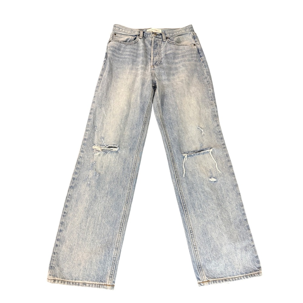 Denim Forum High Rise Straight Leg Distressed Jeans Light Wash Button Fly 29